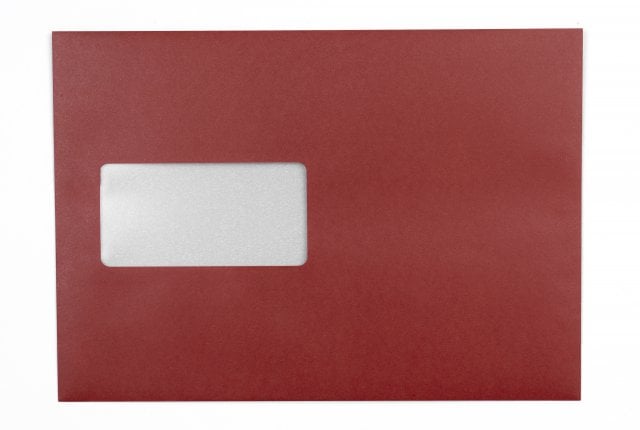 Sobres DIN C5 adhesivos con ventana, impresión en rojo oscuro