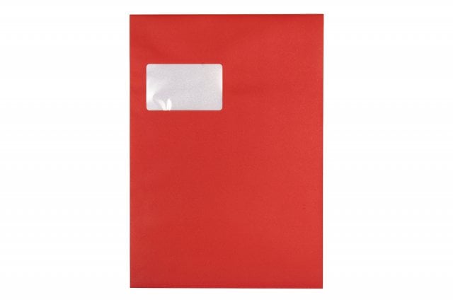 Sobres DIN C4 adhesivos con ventana, impresión en rojo
