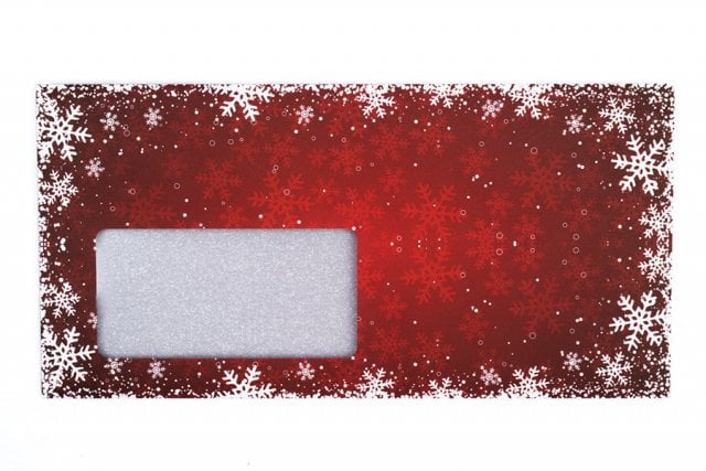 Sobres DIN largo con ventana, impresión rojo, nieve navideña